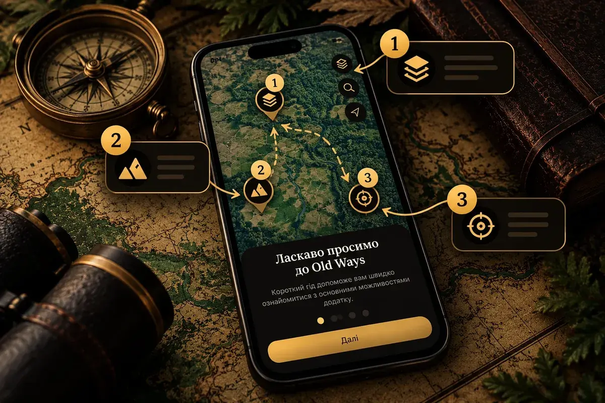 Smartphone mit dem Willkommensbildschirm von Old Ways und nummerierten Einführungsschritten