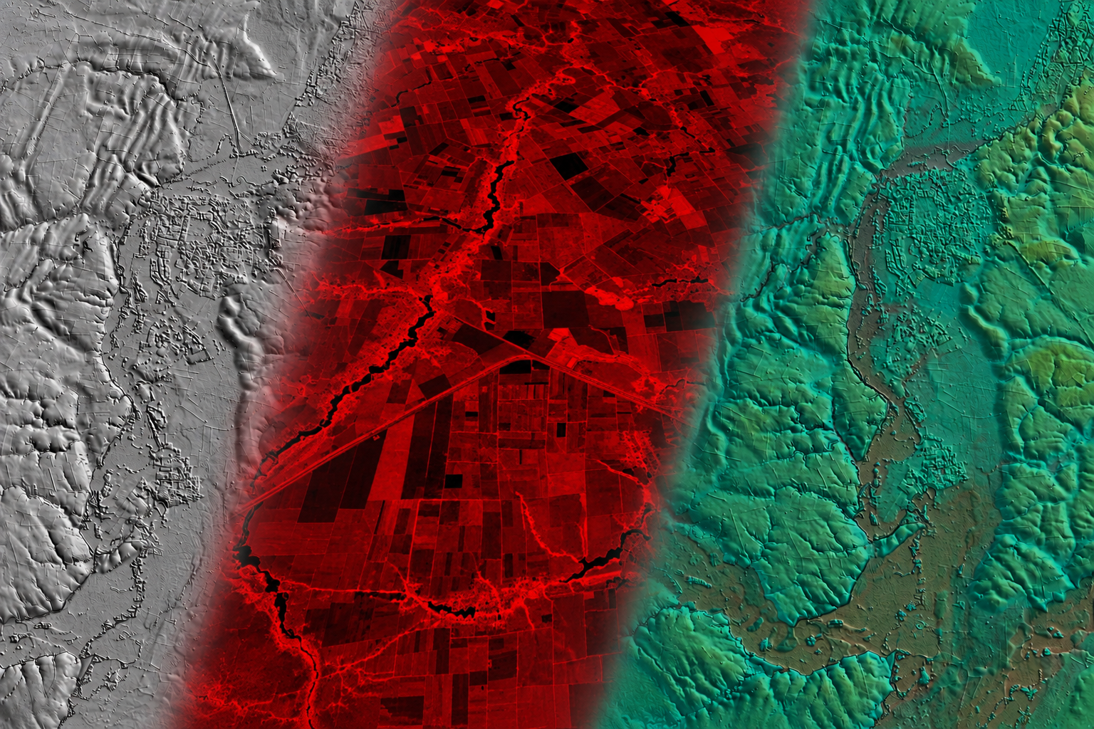 Dieselbe Landschaft mit grauer, roter und grün-türkiser Terrain-Schattierung