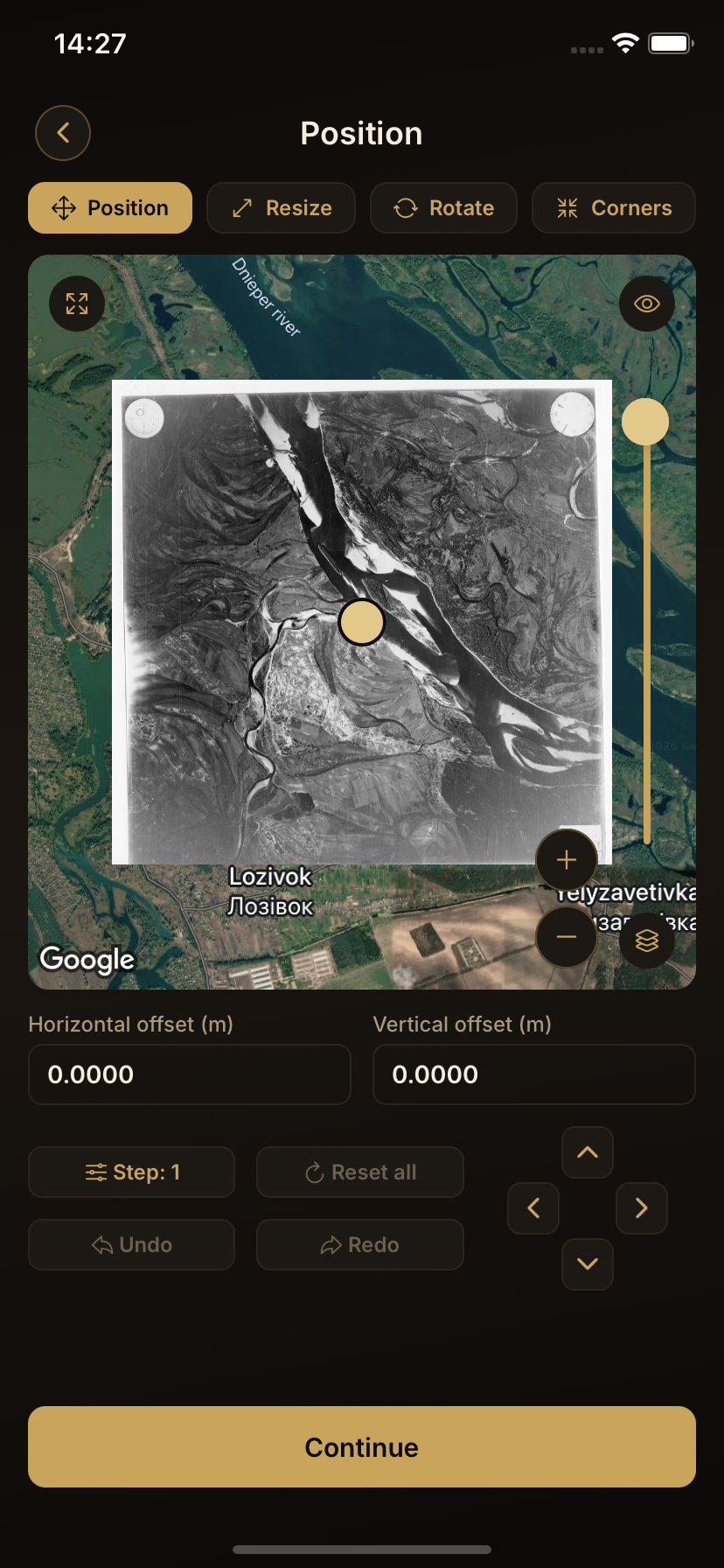 Old Ways-Ausrichtungseditor mit einer persönlichen Karte über Satellitenbildern und Anpassungsreglern